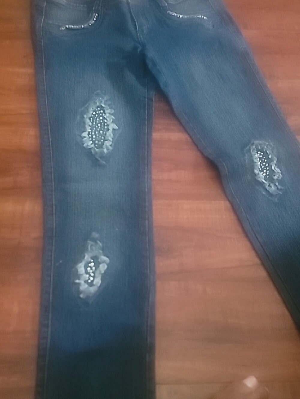 Dark Blue Rhinestone Distressed Skinny Jeans by